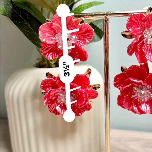 Red Floral Statement Drop Earrings - Picture 4 of 4